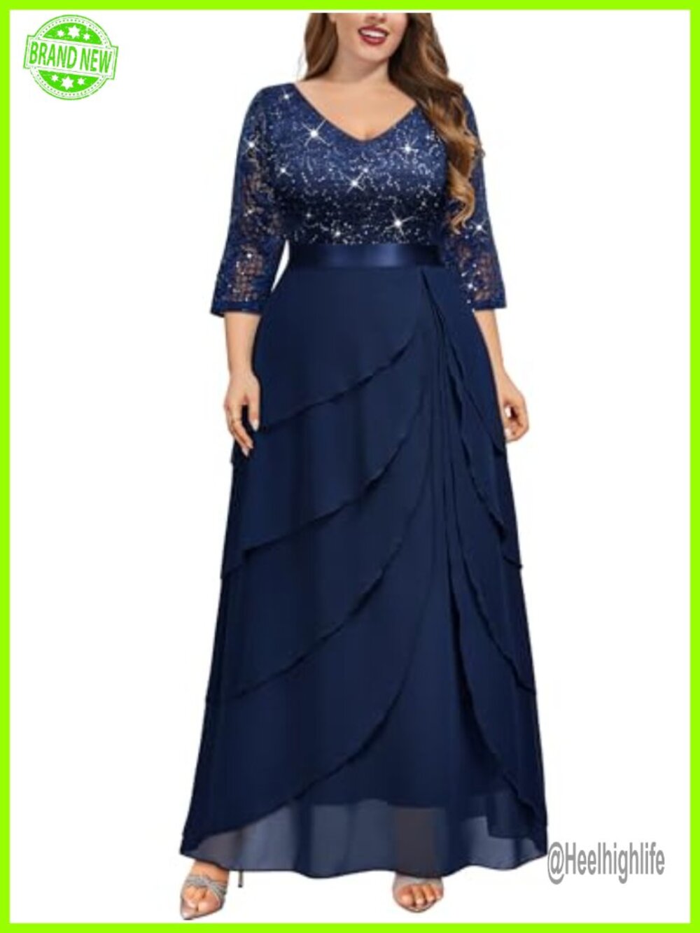 Formal Maxi Dress Sequin Lace 3/4 Sleeve V-Neck Plus Size
